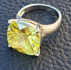 Yellow Cushion Cut Glass Ring, Silvertone Band - Vintage, Estate - Size 6.25